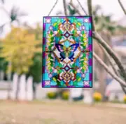 Stained Glass Window Panel Hanging Decorative Suncatcher w/ Metal Frame & Chain