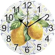 BOENLE Mediterranean Lemons Tile Wall Clock Non Ticking Silent Kitchen Clock Large Battery Operated Clocks 10 inch for Living Room Bedroom Decor
