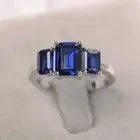 Blue Sapphire Three Stone Ring Lab Created Emerald Cut in 925 Sterling Silver