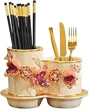 Kitchen Counter Pomegranate Relief Utensil Caddy for Kitchen Countertop, 2-compartment Ceramic Utensil Holder, Cutlery Storage Organizer with Drain tray Organizer