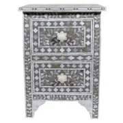 Mother Of Pearl Inlay Floral 2 Drawer Bedside in Grey Color