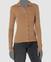 $225 Vince Womens Brown Wool Collared Long Sleeve Button Front Polo Top Size XXS
