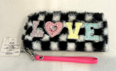NWT OMG Accessories Faux Fur Black & White Checkered “L-O-V-E” Wristlet Wallet