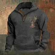 Men's Hunting Deer Waffle Sweatshirt Quarter Zip Long Sleeve Pullover Black White Stand Collar Reindeer Print Winter Jumper Daily Holiday Polyester Streetwear