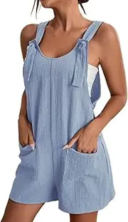 [QNIHDRIZ] Women's Tie Knot Strap Overall Shorts Dual Pocketed Adjustable Strap Bib Shorts Romper Trendy Sleeveless Jumpers
