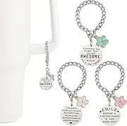 3Pcs Flower Chain Charms for Stanley Cup, Bottle Accessories for Tumbler Handle, Inspirational Words Tag with Pink, Blue, White Flower Charms, Customized Gifts for Girls, Family, Friends