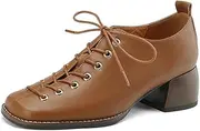 [ZIRIA] High Heel Square Toe Women Pumps Genuine Leather Concise Office Ladies Casual Lace-Up Shoes Woman