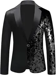 [Zadaos] Mens Shiny Circle Sequin Patchwork Suit Jacket Slim Fit One Buttons Dress Blazers Coat