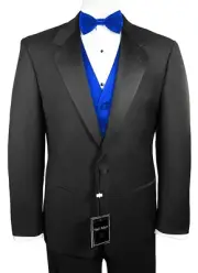 Sizes 35-64 Long. 6-Piece Tuxedo Package with Flat Front Pants & Royal Blue Vest