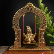 White Metal Golden Oxidized Krishna on Swing Decorative Figurine Statue For Home