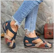 [XWCG] Womens Wedge Flip Flops Sandals with Arch Support Summer Comfortable Platform Bohemia Flat Shoes Mule Clogs Slippers Cross Strap Platform Vintage Closed Toe Hollow Sandal,Blue,US9/EU41
