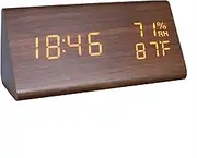 Lancoon Wooden Digital Alarm Clock, Time Date 12/24H Temperature Humidity Display Sound Activation 3 Level Brightness Desk Clocks for Home Bedroom