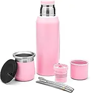 BALIBETOV Complete Yerba Mate Set – Modern Mate Gourd (9 fl oz), Thermal Flask with 2 Spouts (33.8 fl oz), 2 Bombilla Straws – Premium Quality Kit. (Pink)