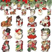 Huwena 36 Pcs Vintage Christmas Ornaments Wooden Christmas Tree Ornaments Snowman Snowflake Santa Wood Cutouts Rustic Farmhouse Christmas Tree Decorations for Home Xmas Winter Party (Classic)