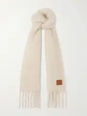 [LOEWE] LOEWE - Fringed Appliquéd Leather-trimmed Brushed Mohair-blend Scarf - Off-white - One size One size Off-white