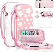 FANPL Cute Carrying Case Bundle for Nintendo Switch, Pink Switch Accessories Kit with Hard Travel Case, Soft TPU Cover, Adjustable Strap, Screen Protector, Thumb Grip Caps, Pink White Sakura for Girl