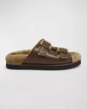 Chloe Nil Leather Shearling Dual-Buckle Sandals Sooty Brown 39EU $1050