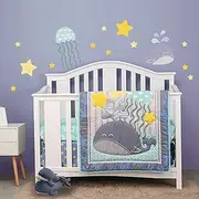 Sweet Baba 4 Piece Cute Whale Crib Bedding Set,Blue Crib Set for Baby Boys,Microfiber Printed Nursery Bedding Set Including Comforter/Skirt/2 Crib Sheets,100% Natural Cotton Crib Set