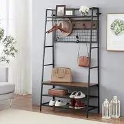 IHOMDEC 5-In-1 Hall Tree with Storage Bench, Entryway Storage Organizer, 3-Tier Coat Rack Shoe Bench with 11 Hooks and Hanging Rod, Brown Finish