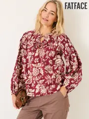FatFace Sandy Burgundy Red Brush Floral 100% Cotton Blouse (E80133) | $114