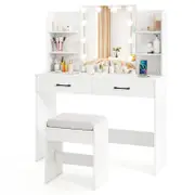 Costway Dressing Table Stool Set w/Charging Station 3-Color LED Bulbs White