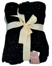 NWT Basha Accessories 2 Pc Set Scarf Knit Hat Womens Black Sequins Beanie Goth