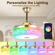 42" 7-Color LED Invisible Ceiling Fan Light Bluetooth Crystal Chandelier Remote