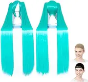 CaseEden VOCALOID Vocaloid Hatsune Miku Cosplay Wig, Long, 47.2 inches (120 cm), Emerald Green, Green, Teal, White Merce, Wig, Set of 2