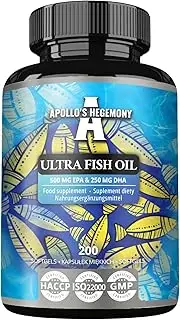 Ultra Fish Oil 1000mg, 200 Softgel Capsules, High Dose Omega 3 with 500mg EPA and 250mg DHA, 6 months supply, Fatty Acids (EFAs) - by Apollo's Hegemony