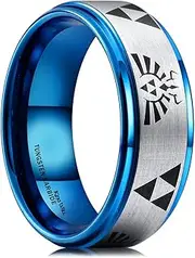 [King Will] 8mm Blue Silver Tungsten Rings for Men Women Wedding Bands The Legend Of Zelda Triforce Ring Matte Finished Comfort Fit