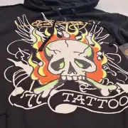 New Ed Hardy Skull Crossbones Flames Hoodie Sweatshirt Black XL AUTHENTIC