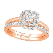 0.38 CT. T.W. Princess-Cut Natural Diamond Double Cushion Frame Bridal Engagement Ring Set in Solid 10K Rose Gold
