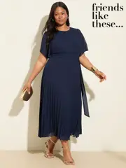 Friends Like These Navy Curve Angel Sleeve Chiffon Pleat Midi Dress (F97046) | $166