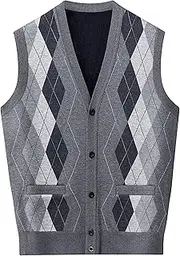 [SWJGLITTR] Mens Argyle Knitwear Vest Knit Button Down Men Cardigan Vest Wool Blend Sleeveless Cardigans