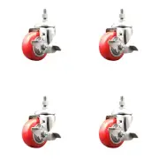 3.5 Inch 316SS Red Polyurethane Swivel 3/8 Inch Threaded Stem Caster Set Brake