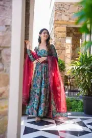 Anarkali Suit Muslin Fabric with Digital Print Canvas Patta Stitching, 3 Pcs Set