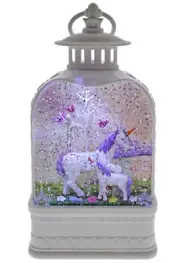 ~❤️~Purple Mum & Baby UNICORN White Lantern LED Night Light Snow Glitter Globe