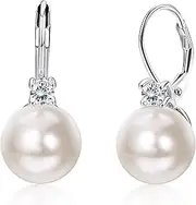 [Milacolato] Sterling Silver Pearl Earrings for Women 18k White Gold Plated Pearl Drop Earrings with Cubic Zirconia Pearl Earrings Leverback Dangle Stud Large Pearl Earrings, Sterling Silver Cubic