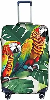 [Pvinnk] Tropical Flower Leaf Parrot Print Protective Luggage Cover Elastic Washable Suitcase Protector Travel Gear Protector, White, Medium