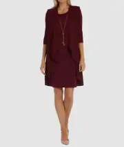 R&M Richards Women's Red Rib Metallic Necklace Jacket & Dress Set Dress Size 14