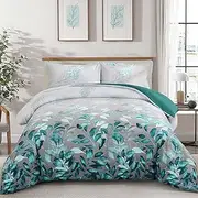 DJY Grey Comforter Set King, 3 Piece Blue Botanical Leaves Comforters with 2 Pillow Shams King Sizes Reversible Floral Comforter Sets Soft Microfiber Bedding Set for All Season (104"x90")
