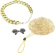 POPETPOP Pet Dog Cat Costume Black Sunglasses Gold Chain Collar Straw Hat Set for Small Medium Large Dog Hawaii Theme Cosplay Accessory