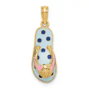 14k Yellow Gold 3D Enamel Shell On Blue Polka-Dot Flip-Flop Charm