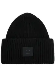 Acne Studios Pansy Logo Ribbed Wool Beanie - Black - One Size ONE SIZE