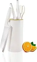 Kitchen Knife Set, 5PCS Stainless Steel Knife Set with Block, High Carbon White Kitchen Knife Set with Ergonomic Handle for Chopping Slicing Dicing Cutting Paring (White)