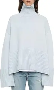 [ZPLxi] 2023 Women's Long Sleeve Striped Sweater Turtleneck Casual Loose Side Split Ribbed Knit Oversized Pullover Jumper Tops Trendy Fashion