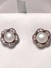 Sterling Silver Freshwater Cultured Pearl & Cubic Zirconia Flower Stud Earrings