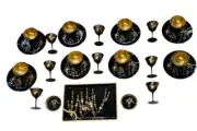 VINTAGE JAPAN LAQUER SET BLACK/GOLD 27! PIECES TRAY, SAKIE CUPS, TEA CUPS ETC