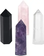 (4 Sets) - Healing Crystal Wands 5.1cm Amethyst Crystal, Clear Quartz Crystal Wand & Rose Quartz Crystal Points,Black Obsidian 6 Faceted Reiki Chakra Meditation Therapy (4 pcs)