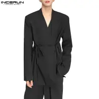 在飛比找蝦皮商城優惠-Incerun 男士韓版寬鬆簡約繫帶雙排扣無領長袖休閒西裝外